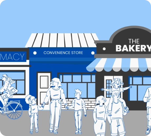 home page art with businesses on it
